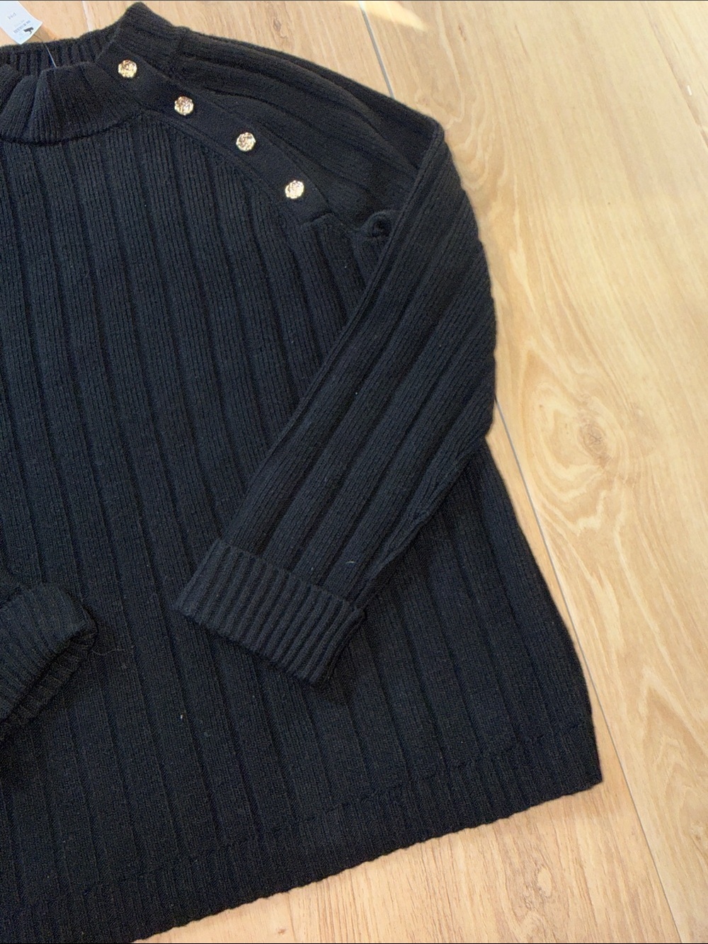 Talbots Black Ribbed Turtleneck Sweater with gold Shoulder Buttons size MP NWT - Picture 5 of 6
